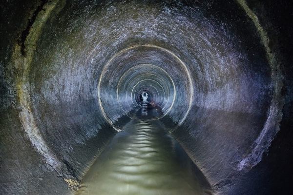 Diggers (urban explorers) are exploring underground river flowing in round sewer tunnel.