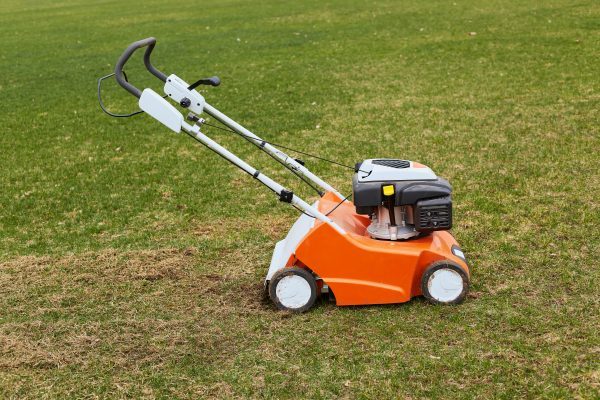 Orange grasscutter standing on ground on green grass, special equipment for trimming grass, grass-mower