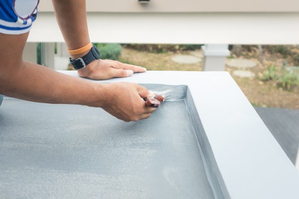 Roof floor or deck painting work consist of painter man or worker person, bristles brush. That service to renovation, construction, improvement or repair house or house building to coating surface concrete with waterproof and colour by professional, contractor.