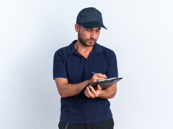 concentrated young caucasian delivery man in blue uniform and cap writing with pen on clipboard isolated on white background with copy space
