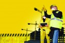 Construction Concept with Construction Site and Two Construction Workers. Yellow Background with Copy Space.